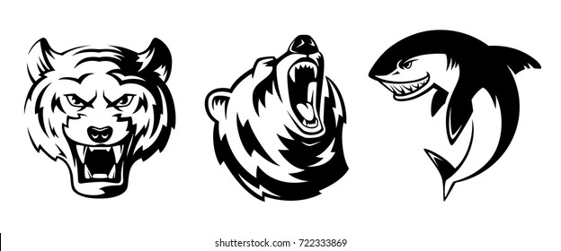 Illustrations of animals for sport badges. Grizzly, tiger and shark. Vector labels tattoo set isolate head bear and fish for sport logo