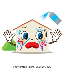 Illustrations of anthropomorphic house characters, graffiti on the house, housing, for non-life insurance