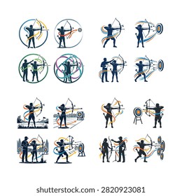 Illustrations of archery techniques and poses for bow shooting guide , And, international sports event, multi sport competition, athletics championship, sports tournament, Commonwealth Games