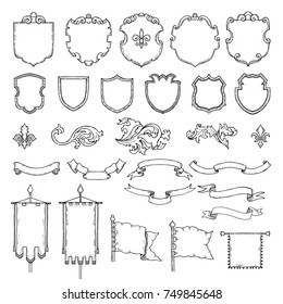 Illustrations of armed medieval vintage shields. Vector heraldic frames and ribbons. Shield and ribbon, heraldic frame medieval shields