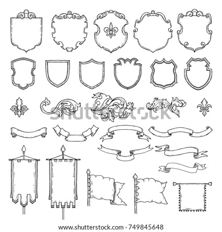 Illustrations of armed medieval vintage shields. Vector heraldic frames and ribbons. Shield and ribbon, heraldic frame medieval shields
