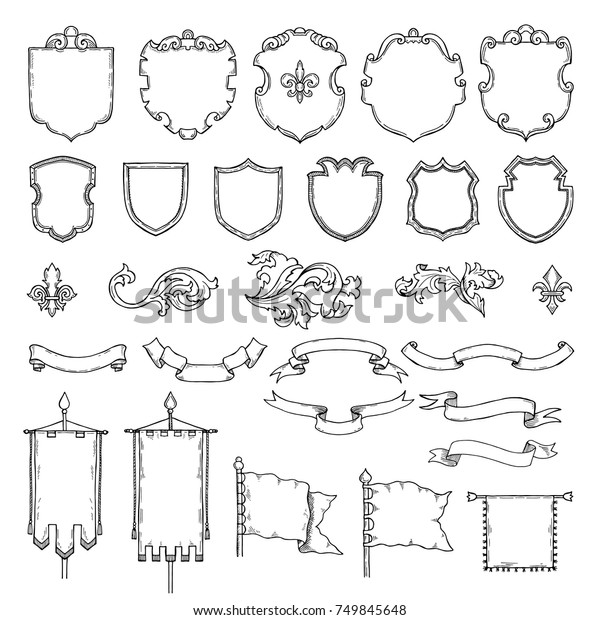 Illustrations of armed medieval vintage shields.\
Vector heraldic frames and ribbons. Shield and ribbon, heraldic\
frame medieval\
shields