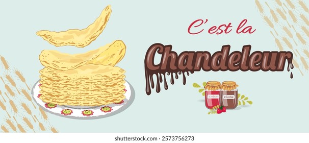 Crêpes - Illustrations around the feast of Candlemas - Crêpes and toppings
It's Candlemas! Banner - Illustrations and title around crepes in French.