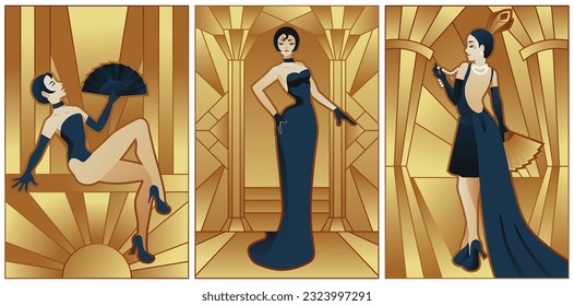 illustrations of art deco ladies style in black and gold colours