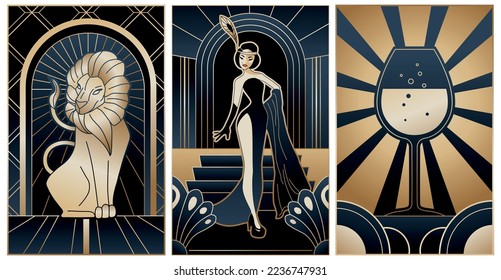 ilustraciones de estilo art deco en colores negro y dorado