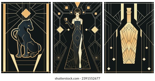 ilustraciones de estilo art deco en colores negro y dorado	