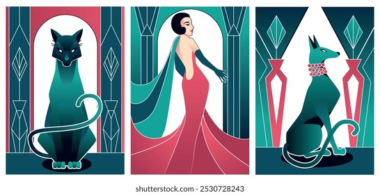 illustrations of art deco style in black, red and green colours	