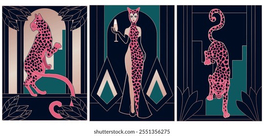 illustrations of art deco style in, woman in leopard dress with 2 leopards