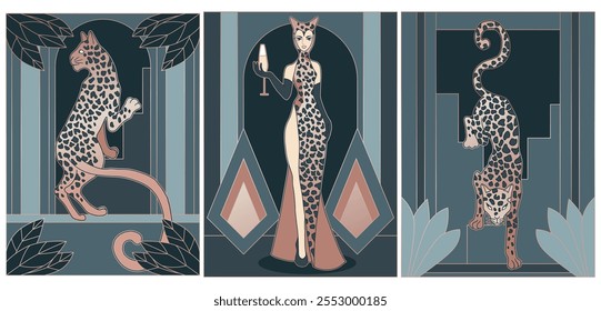 ilustrações do estilo art deco em, mulher em vestido de leopardo com 2 leopardos	