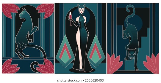 illustrations of art deco style in, woman in leopard dress with 2 wild cats