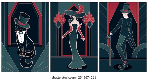 Ilustraciones de estilo art deco, colores rojo y verde de lujo con gradiente de oro, estilo de dibujos animados, mujer, hombre y gato