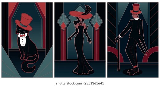 illustrations of art deco style, luxe red and green colors with gold gradient, cartoon style, woman, man and cat