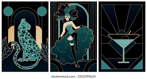 illustrations of art deco style in luxery green, black and gold colours	