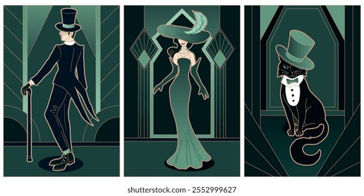 ilustrações do estilo art deco em cores verde, preto e dourado de luxo	