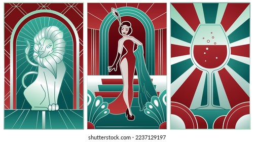illustrations of art deco style in red, green-blue and silver colours, stylized lion, glass of wine and lady