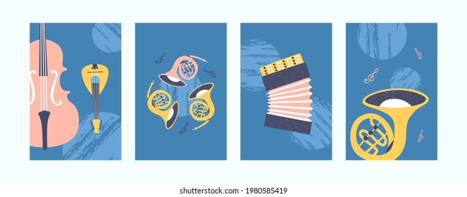 Illustrations for art or music concept in pastel colors. Music instruments in creative style. Accordion, violin and pipe on saturated blue background. Can be used for banners, website designs
