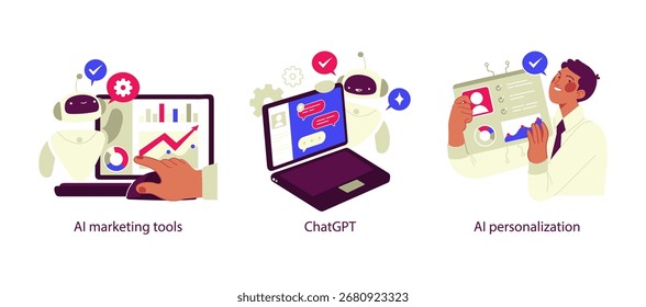 Illustrations of artificial intelligence applications, including AI-driven marketing tools, personalized analytics, and conversational assistants.