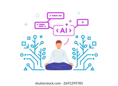 ilustraciones de inteligencia artificial ayuda a los humanos. tecnología, asociación, inteligencia artificial, robot de negocios, cybes. ilustración lineal. Afiche de impresión del sitio de la página de destino. Línea