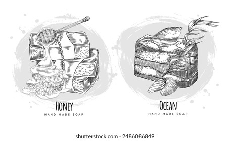 Illustrations of artisanal soap. Handmade soap set with honey and ocean in black and white. Vector illustration of hand drawn sketches with text space, ideal for advertising labels or posters.