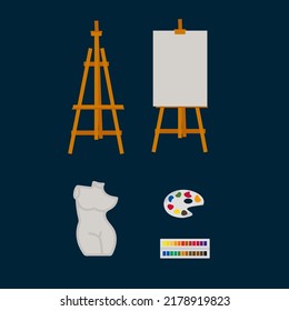 Ilustraciones de herramientas artísticas de dibujo. Artistas, acuarela, cepillos, caballete. Elementos de diseño de materiales de arte. Ilustración del vector