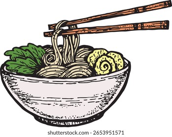Ilustrações de tigelas de macarrão asiático. Desenho de esboço vetorial da cozinha japonesa isolado sobre fundo branco
