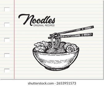 Illustrations of Asian Noodle bowls. Vector sketch drawing of Japanese cuisine isolated on white paper background