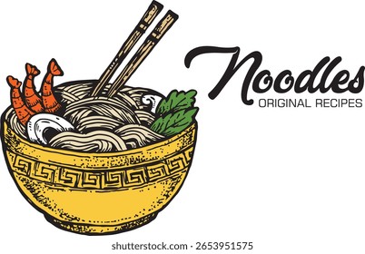 Ilustrações de tigelas de macarrão asiático. Desenho de esboço vetorial da cozinha japonesa isolado sobre fundo branco