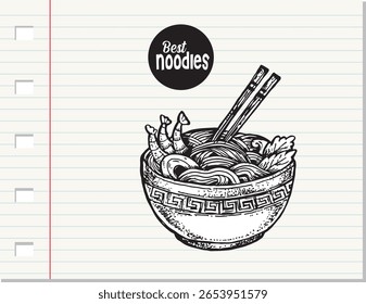 Ilustrações de tigelas de macarrão asiático. Desenho de esboço vetorial da cozinha japonesa isolado no fundo de papel branco