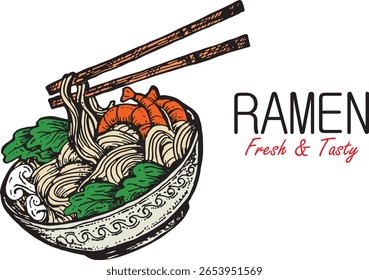Ilustrações de asiáticos Ramen bowls. Desenho de esboço vetorial da cozinha japonesa isolado sobre fundo branco