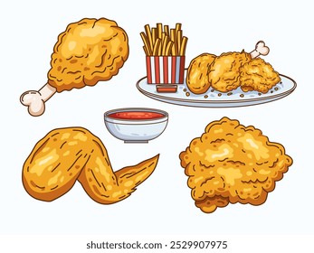 Illustrations of assorted fried chicken, featuring crispy chicken thighs, wings and fillets, all depicted with a golden, crispy coating. In addition, there is a bowl of sauce, fried chicken and fries.