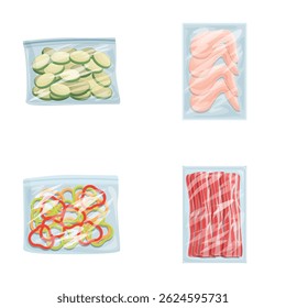 Illustrations of assorted vacuumsealed food packaging for storage, preservation, and preparation, featuring chicken, vegetables, fish, and meat in transparent plastic bags