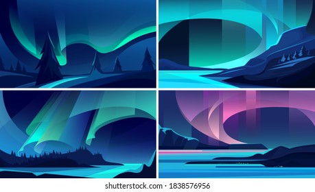 Illustrations of aurora borealis. Beautiful nature landscapes.