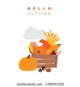 illustrations of autumn objects: fruits and vegetables, harvest, leaves, plants, pumpkin, pomegranates, figs and nuts. Cute freehand drawings to create a poster or card. Thanksgiving greeting cards