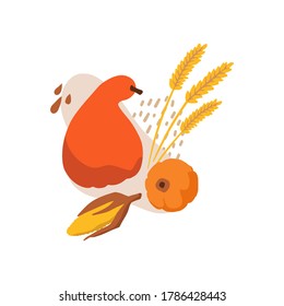 illustrations of autumn objects: fruits and vegetables, harvest, leaves, plants, pumpkin, pomegranates, figs and nuts. Cute freehand drawings to create a poster or card. Thanksgiving greeting cards