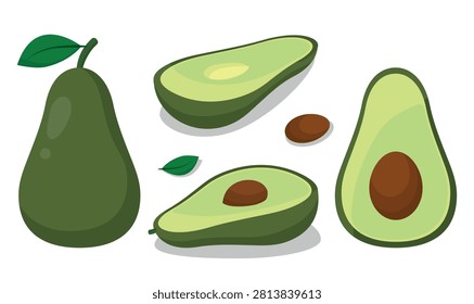 Illustrations of Avocado in Various Views - Whole, Halved, With, Without Pit, and Pit Alone. Showcasing Flesh and Dark Green Skin. Ideal for Fruit, Health, and Culinary Themes.