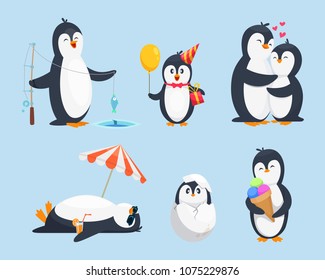 Illustrations of baby penguins in different poses. Vector cartoon pictures