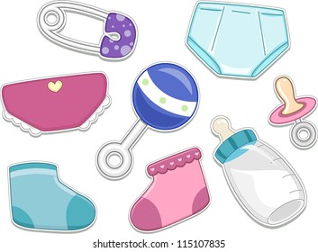 Illustrations of Baby Products That Can be Printed Out as Stickers