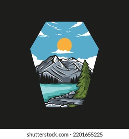 Ilustraciones de regreso a la naturaleza, a los logotipos de las montañas y de los ríos vintage, para imprenta y otros usos.