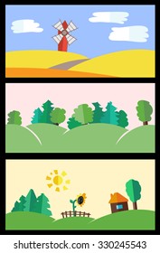 Illustrations - backgrounds nature. Hills, forest, field and house in village. Vector flat set.