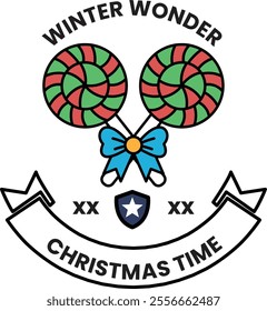 illustrations of badge and label in the Christmas concept with two lollipops and a bow