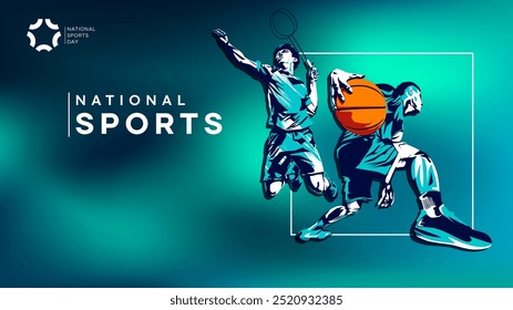 Illustrations of badminton and basketball athletes posing in stunning poses. colored silhouette style design, grunge. design concept for celebrating national sports day badminton and basketball. Sport