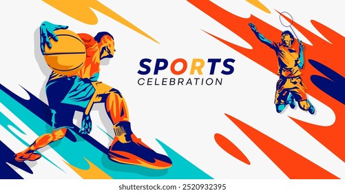 Ilustraciones de atletas de bádminton y baloncesto posando en poses impresionantes. diseño de estilo de silueta de colores, grunge. concepto de diseño para celebrar el día nacional del deporte bádminton y baloncesto. Deporte