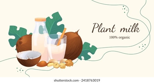 
Illustrations for a banner on the topic of vegetable milk. Flat illustrations with a milk bottle, box, nuts, and leaves.