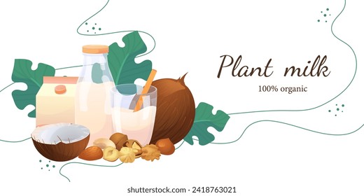 
Ilustraciones para un cartel sobre el tema de la leche vegetal. Ilustraciones planas con una botella de leche, caja, nueces y hojas.