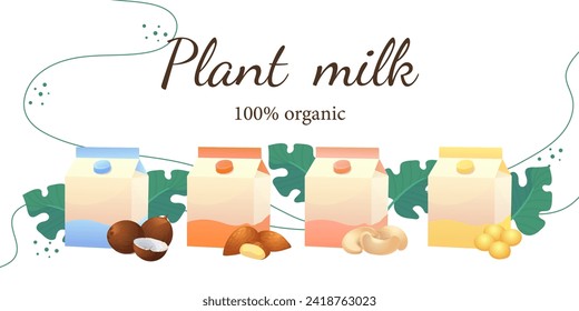
Illustrations for a banner on the topic of vegetable milk. Flat illustrations with a milk bottle, box, nuts, and leaves.
