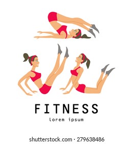 illustrations of basic stretching exercises related to jogging performed by a beautiful brunette