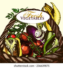 Illustrations basket with  fresh vegetables.  Vector.