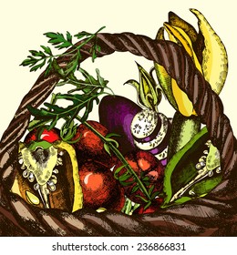 Illustrations basket with vegetables.  Vector.