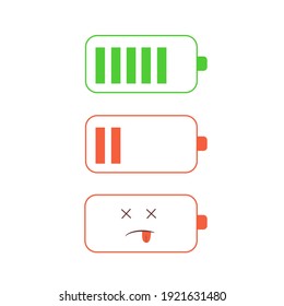 Illustrations of batteries on a white background. Vector clip art with three batteries with different levels. The power loss concept. Perfect for psychological or technical articles, posters, website 