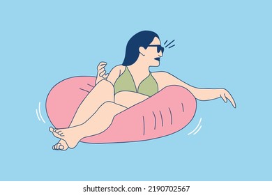 Illustrations of Beautiful bikini woman lying on float in a pool on summerday